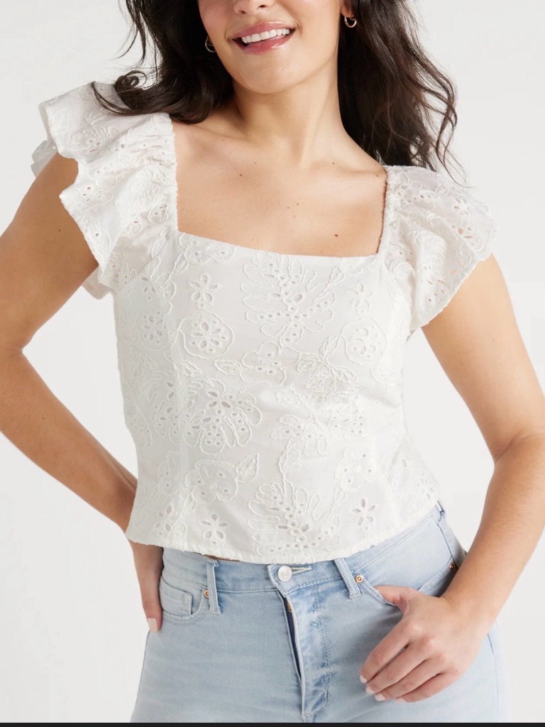 Sofia Coquette Cottagecore White Eyelet Square-Neck Puff Sleeve Top. Size 3xl